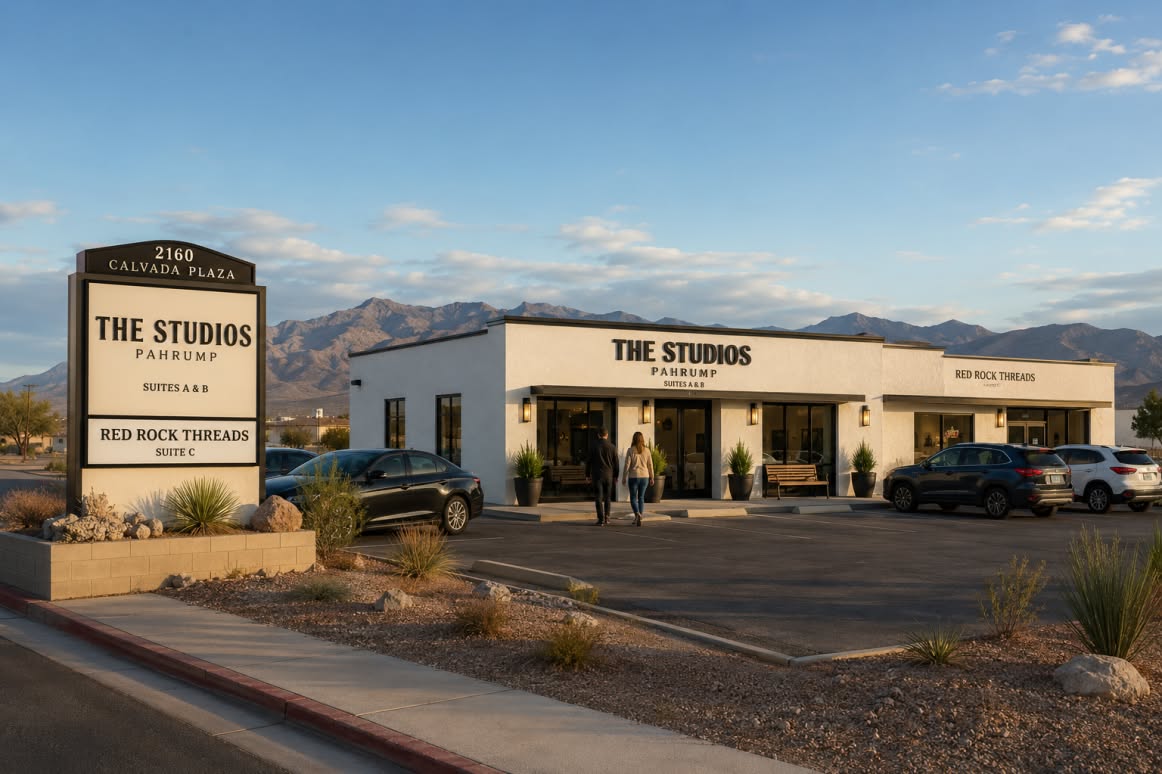 The Studios Pahrump storefront at 2160 Calvada Plaza with mountains behind it