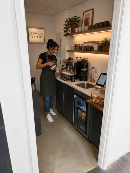 A barista pouring a latte at the Studios Coffee bar